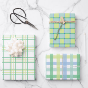 Pastel Blue Green Kariert Checkered Gingham Geschenkpapier Set