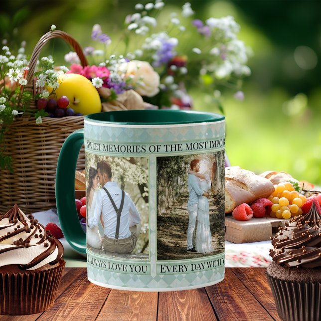 Pastel Blue Green Wedding Foto Keepake Tasse (Wedding photo mug featuring your own photos framed by an elegant pastel blue green patterned design)
