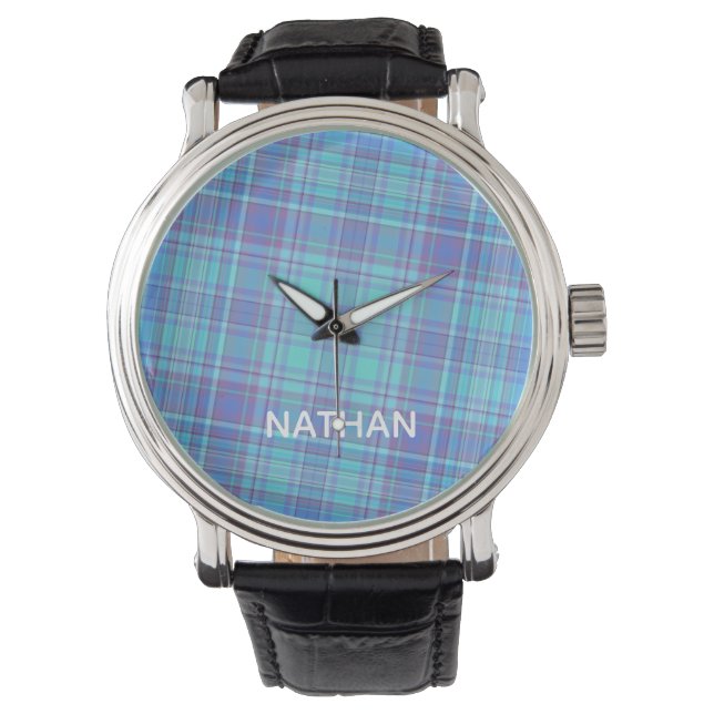 Pastel Blue Kariert Personalisiert Armbanduhr (Vorderseite)