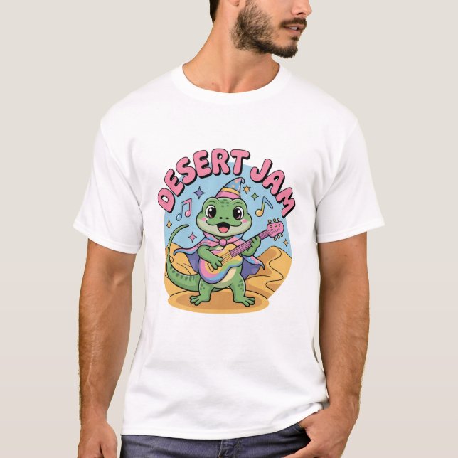 Pastel Blue Kawaii Desert Lizard Playing Keytar T-Shirt (Vorderseite)