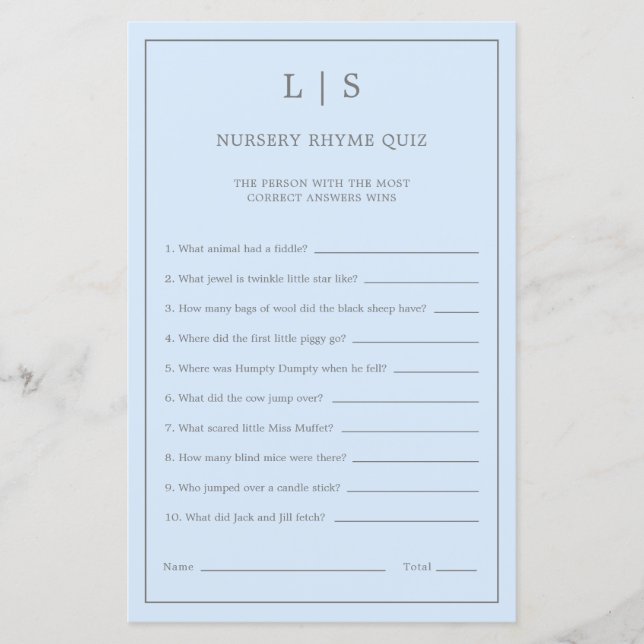 Pastel Blue Kinderzimmer Rhyme Quiz Baby Showspiel (Vorderseite)