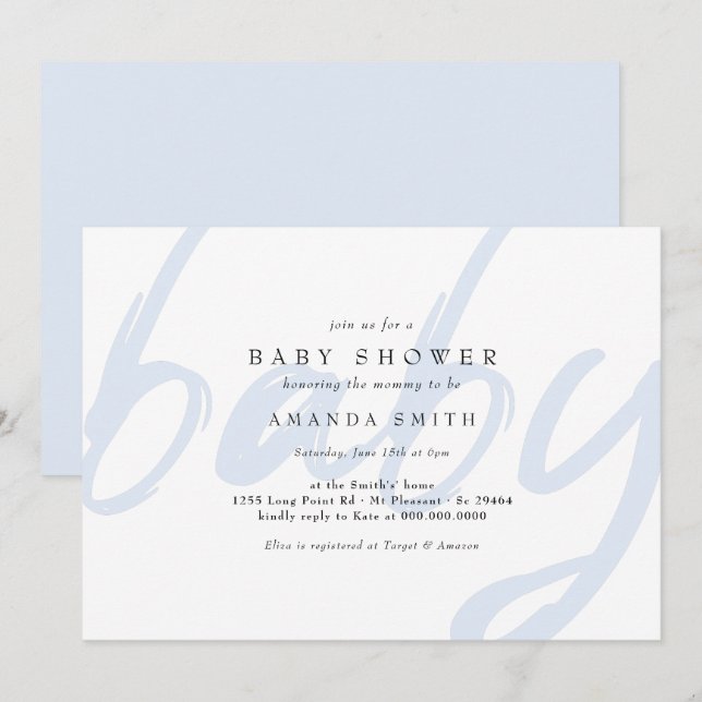 Pastel Blue Minimal Modern Baby Boy Dusche Einladung (Vorne/Hinten)