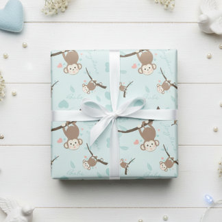 Pastel Blue Monkey Valentine Wrapping Paper  Geschenkpapier