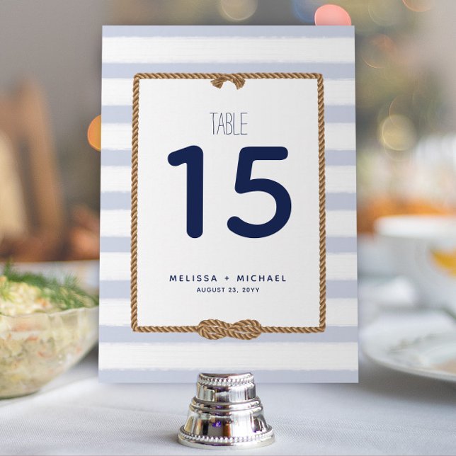 Pastel Blue Nautical Knot Tischnummer (12x18) (Modern Pastel Blue & White Striped Nautical Wedding or Event Table Numbers (Available for Download))