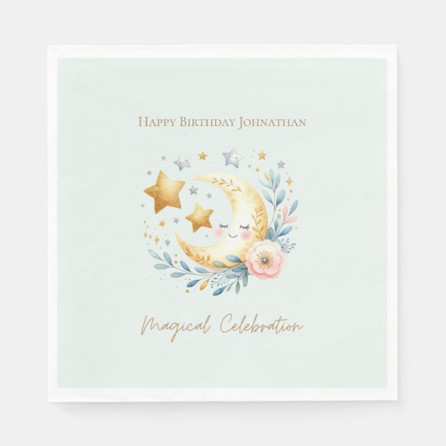 Pastel Blue Niedlich Baby Moon 1. Geburtstag Serviette (Vorderseite)