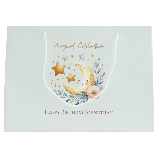 Pastel Blue Niedlich Moon 1. Geburtstag Große Geschenktüte (Vorderseite)