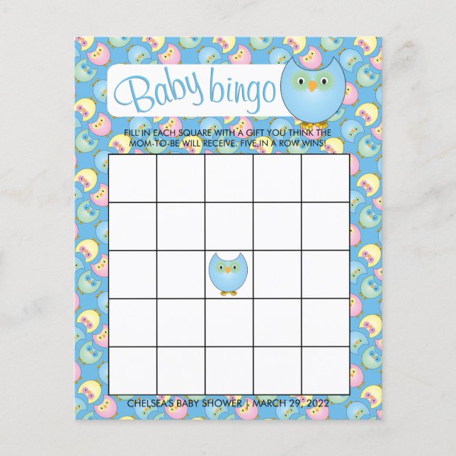 Pastel Blue Niedlich Owl Baby Showthema - Bingo Flyer (Vorne)