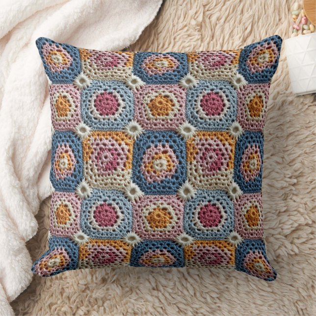 Pastel Blue Orange and Pink Crochet Look Kissen (Decke)