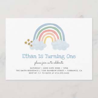 Pastel Blue Pastel Rainbow 1. Geburtstag Einladung