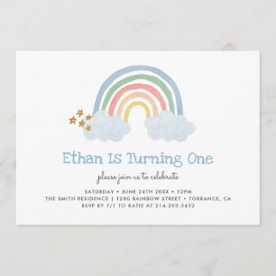 Pastel Blue Pastel Rainbow 1er Birthday Invitation