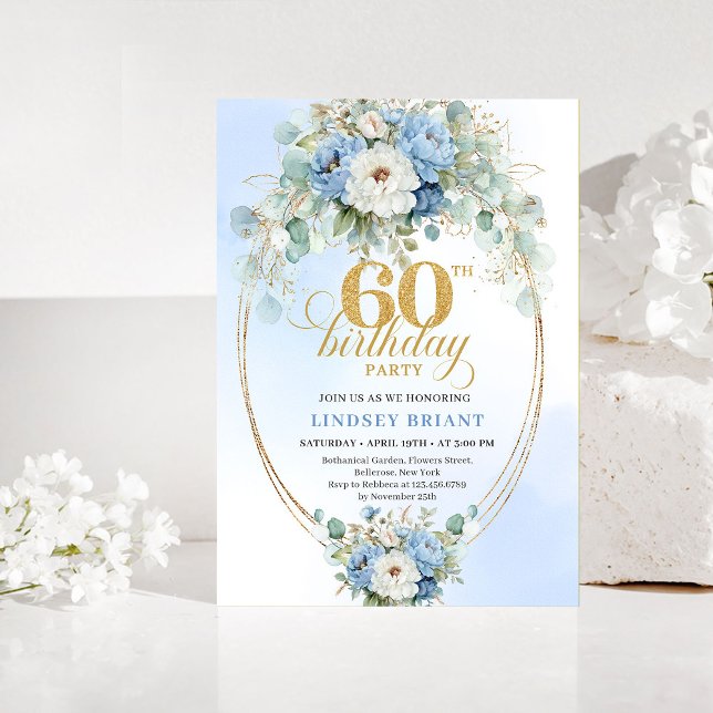 Pastel Blue Peonies Gold 60th Birthday Invitation Einladung (Pastel Blue Peonies Gold 60th Birthday Invitation)