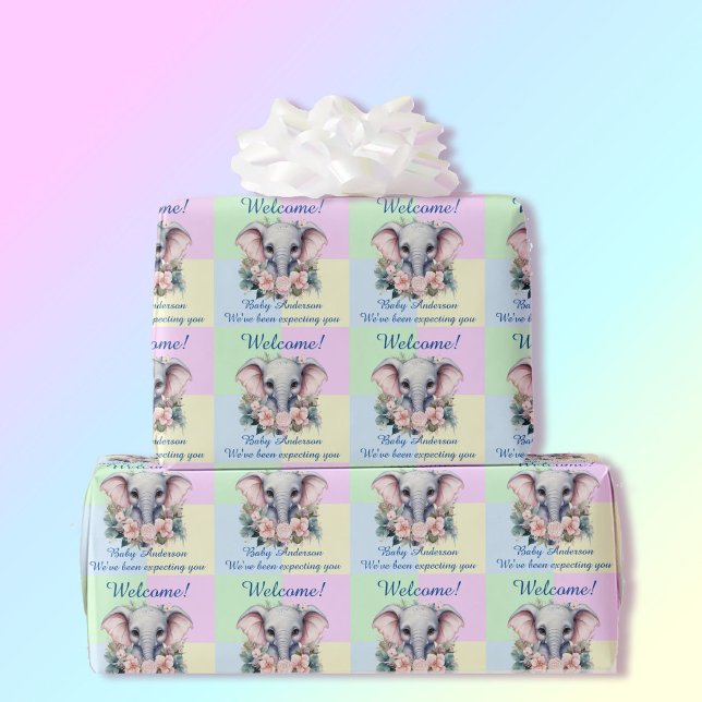 Pastel Blue Pink Babydusche hinzufügen Elephant Geschenkpapier (Von Creator hochgeladen)