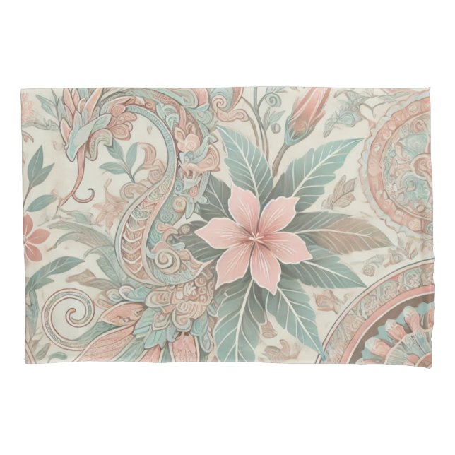 Pastel Blue Pink Boho Indonesische Batik Floral Kissenbezug (Vorderseite)