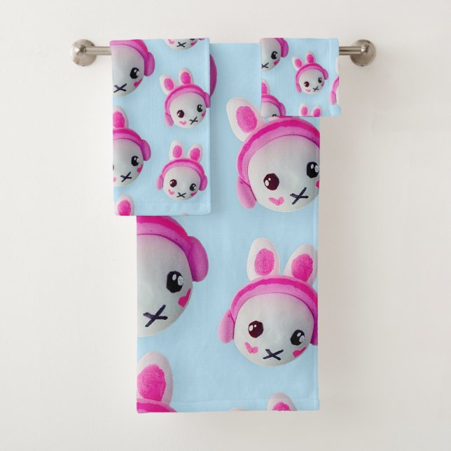 Pastel Blue & Pink Cartoon Bunny Towel (En situation)