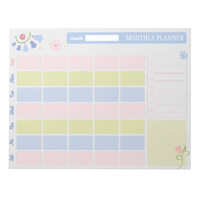 Pastel Blue Pink Cute Monthly Planner Notepad 11x8 Notizblock (Vorderseite)