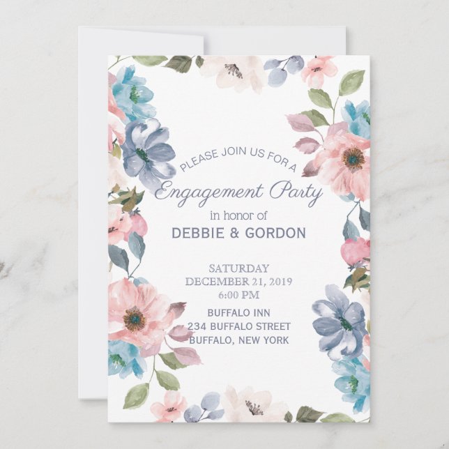 Pastel Blue Pink Lila Blume Hochzeit Verlobung Einladung (Vorderseite)