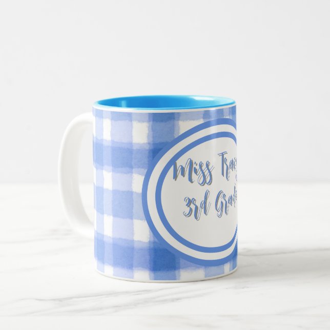 Pastel Blue Plaid Custom  Zweifarbige Tasse (Vorderseite Links)