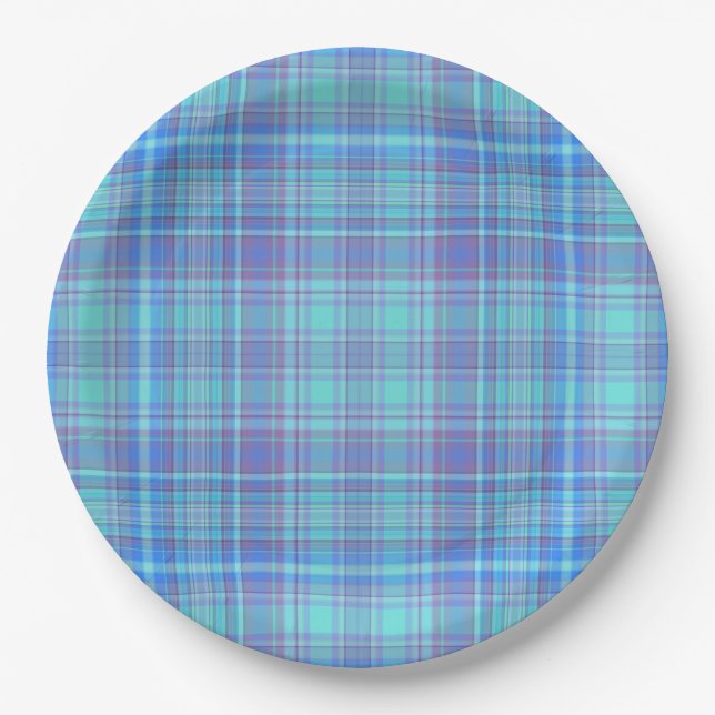 Pastel Blue Plaid Pappteller (Vorderseite)