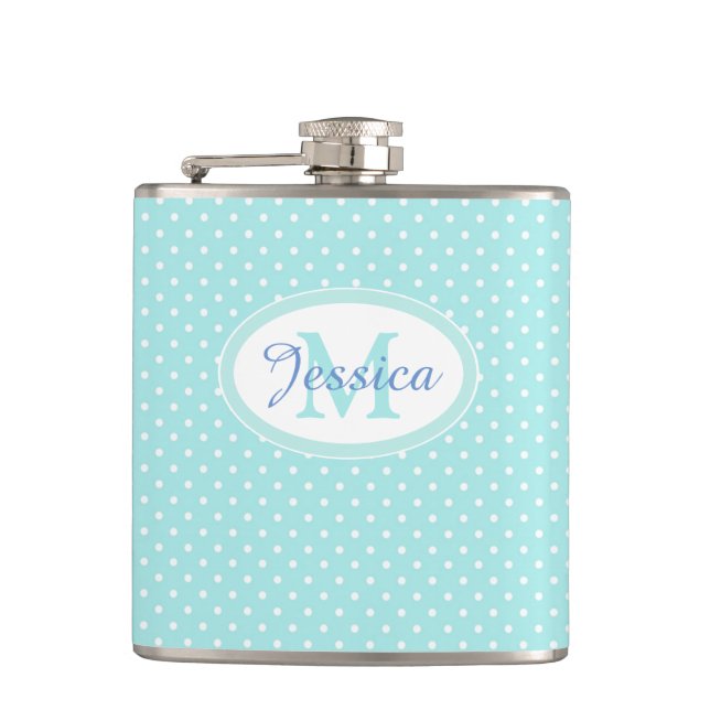 Pastel Blue Polka Dot Personalisiert Flachmann (Vorderseite)