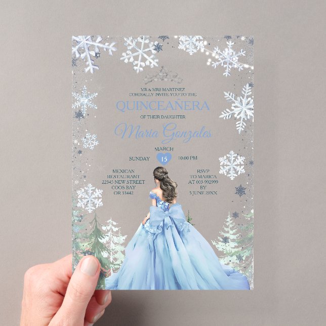 Pastel Blue Princess Winter Forest Quinceañera Acryleinladungen (Insitu (Handheld))