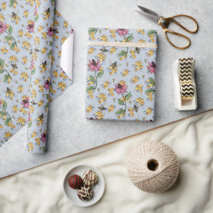 Pastel Blue Queen Bee, Honeycomb & Exotic Blume Geschenkpapier