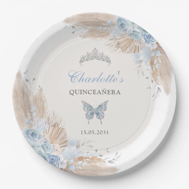 Pastel Blue Quinceanera Boho Princess Mis Quince Pappteller (Vorderseite)