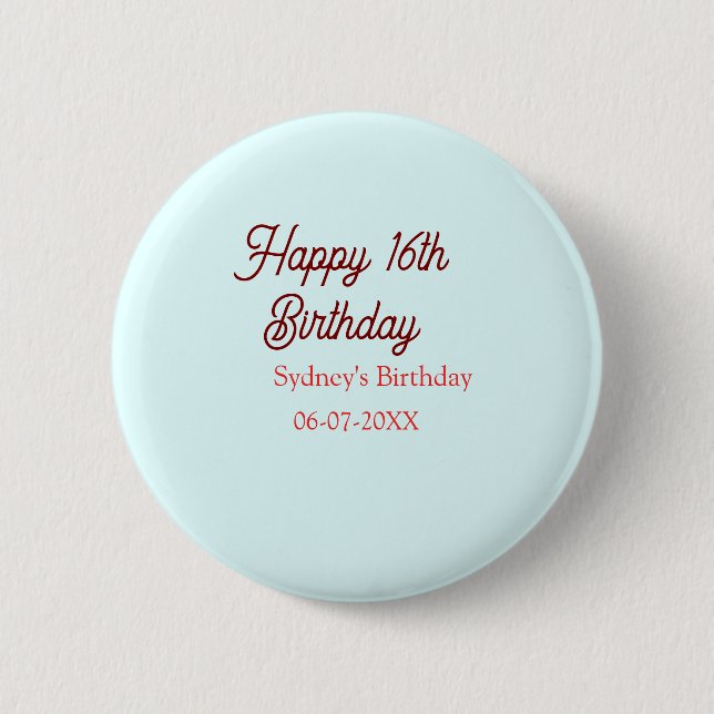 Pastel blue red happy 16th birthday name date eleg button (Vorderseite)