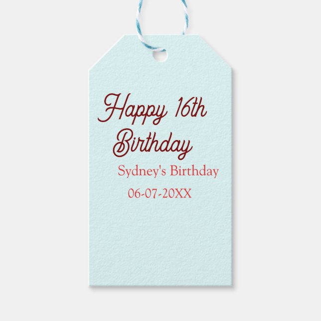 Pastel blue red happy 16th birthday name date eleg geschenkanhänger (Vorderseite)