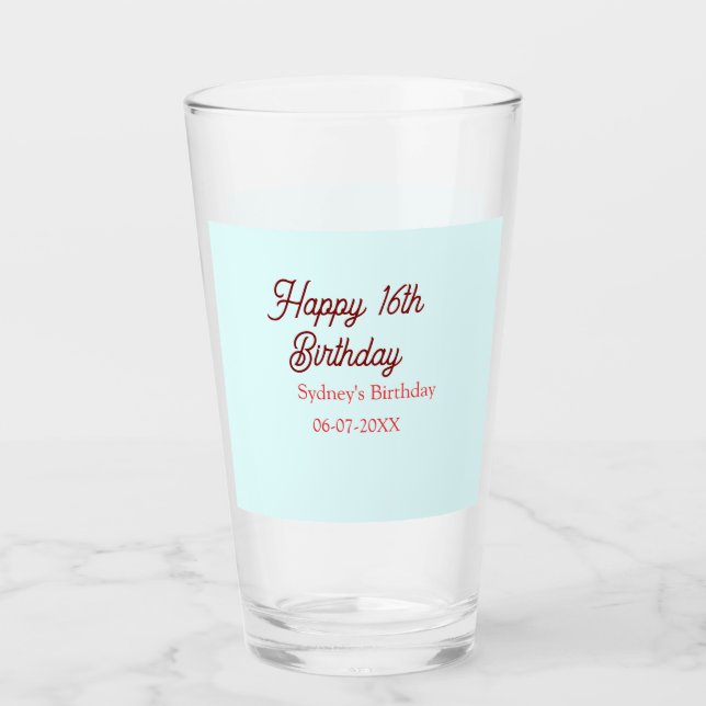 Pastel blue red happy 16th birthday name date eleg glas (Vorderseite)
