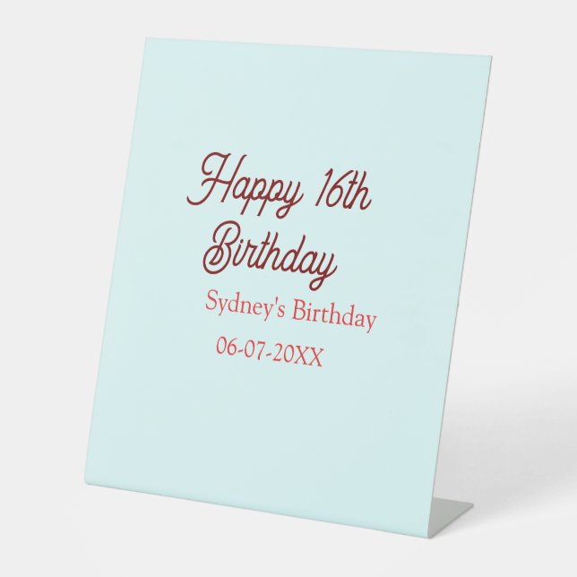 Pastel blue red happy 16th birthday name date eleg sockelschild (Vorderseite)