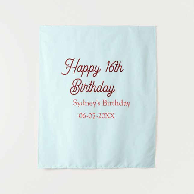 Pastel blue red happy 16th birthday name date eleg wandteppich (Vorderseite)