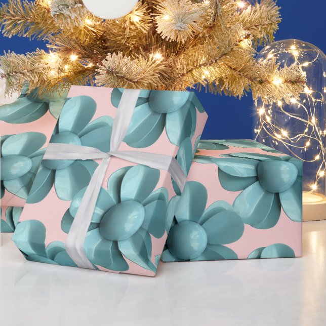 Pastel Blue Retro Daisy MOD Blume Wedding Pink Geschenkpapier (Feiertage)