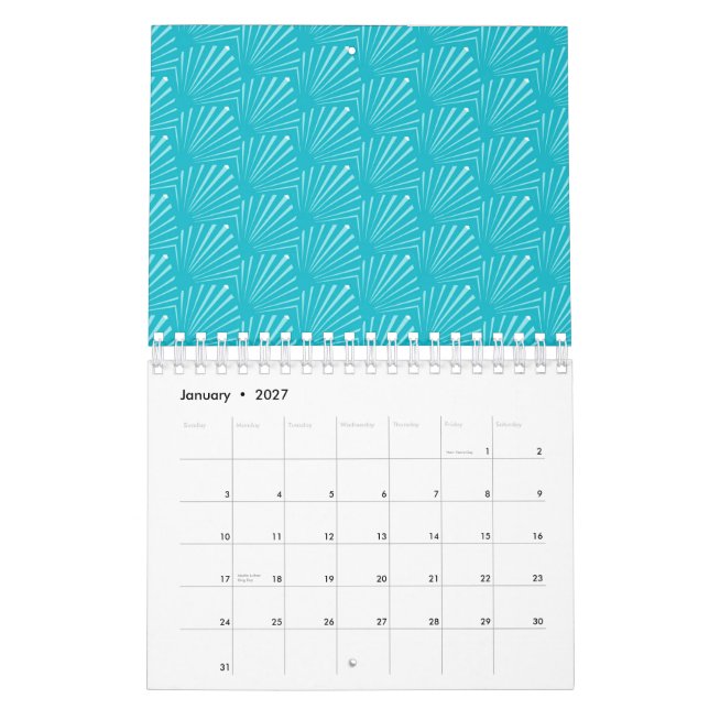 Pastel Blue Seashell Silhouette Diagonal Lines Kalender (Jan 2027)