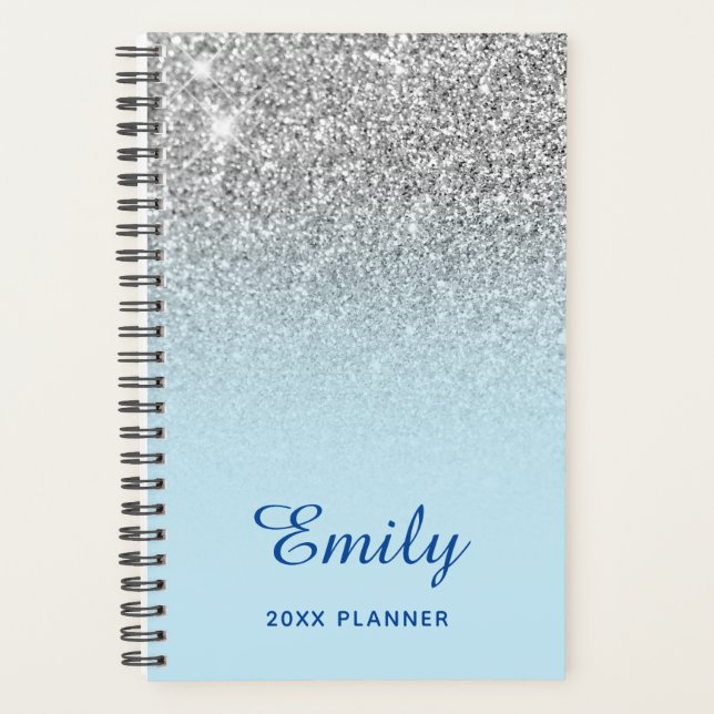 Pastel Blue Silver Glitzer Ombre Personalisiert Planer (Vorderseite)
