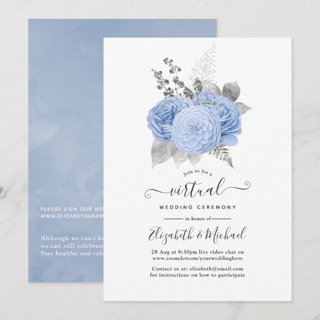Pastel Blue & Silver Vintage Rose Virtual Wedding Einladung (Vorne/Hinten)