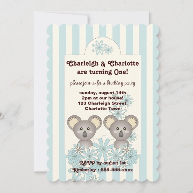 Pastel Blue Stripe Baby Koala Twin Kindergeburtsta Einladung (Vorderseite)