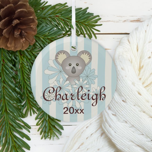 Pastel Blue Stripe Niedlich Baby Koala Kinder Ornament Aus Glas (Von Creator hochgeladen)