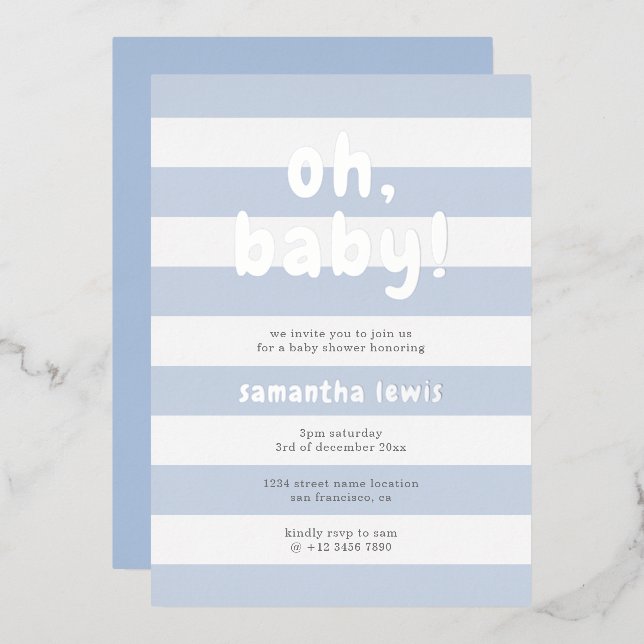 Pastel Blue Stripes Oh Baby Boy Dusche Silver Folieneinladung (Vorderseite/Rückseite)