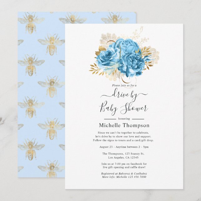 Pastel Blue und Gold Floral Drive By Shower Einladung (Vorne/Hinten)