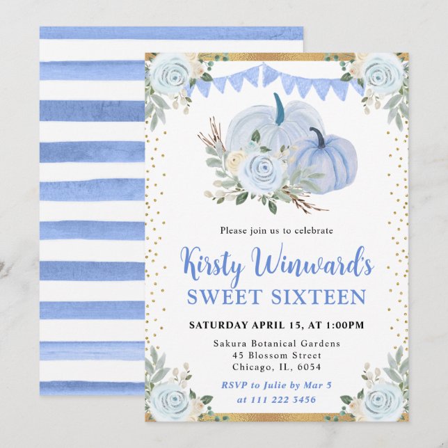 Pastel Blue und Gold Floral Pumpkins Fall Sweet 16 Einladung (Vorne/Hinten)