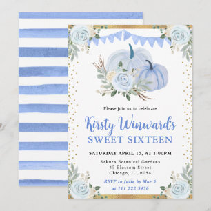 Pastel Blue und Gold Floral Pumpkins Fall Sweet 16 Einladung