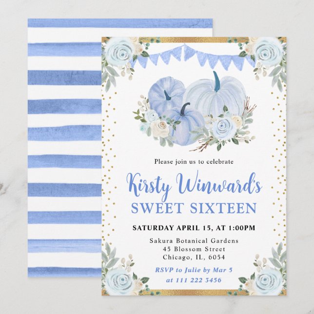 Pastel Blue und Gold Floral Pumpkins Fall Sweet 16 Einladung (Vorne/Hinten)