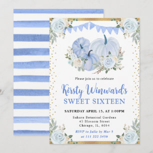 Pastel Blue und Gold Floral Pumpkins Fall Sweet 16 Einladung