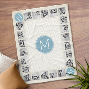 Pastel Blue und Linen Chevrons White Monogram Fleecedecke
