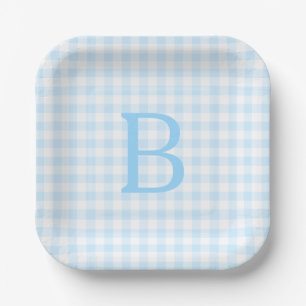 Pastel Blue und White Gingham Mit Monogramm Pappteller