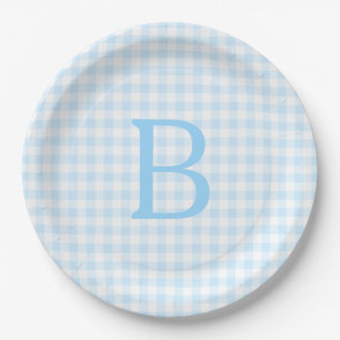 Pastel Blue und White Gingham Monogram Pappteller