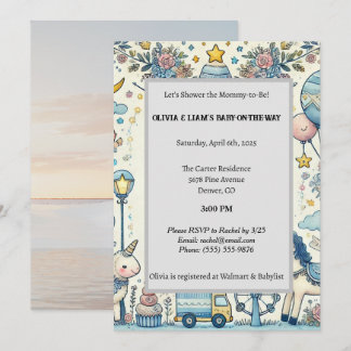 Pastel Blue Whimsical Baby Dusche Einladung