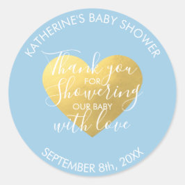 Pastel Blue White Gold Foil Heart Baby Dusche Runder Aufkleber