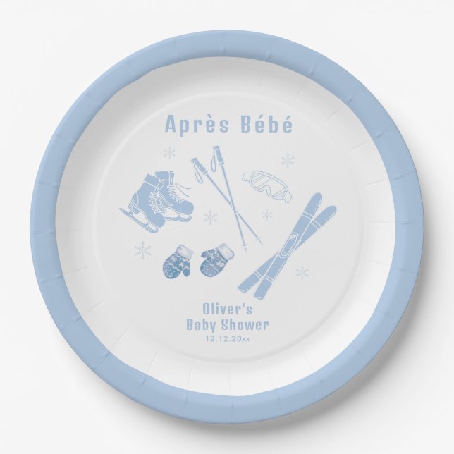 Pastel Blue Winter Après Bébé Ski Boy Baby Shower  Pappteller (Vorderseite)