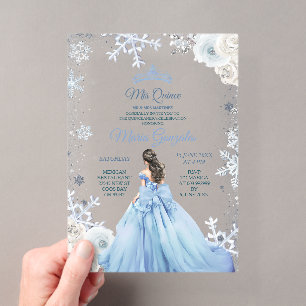 Pastel Blue Winter Snow Floral Princess Mis Quince Acryleinladungen